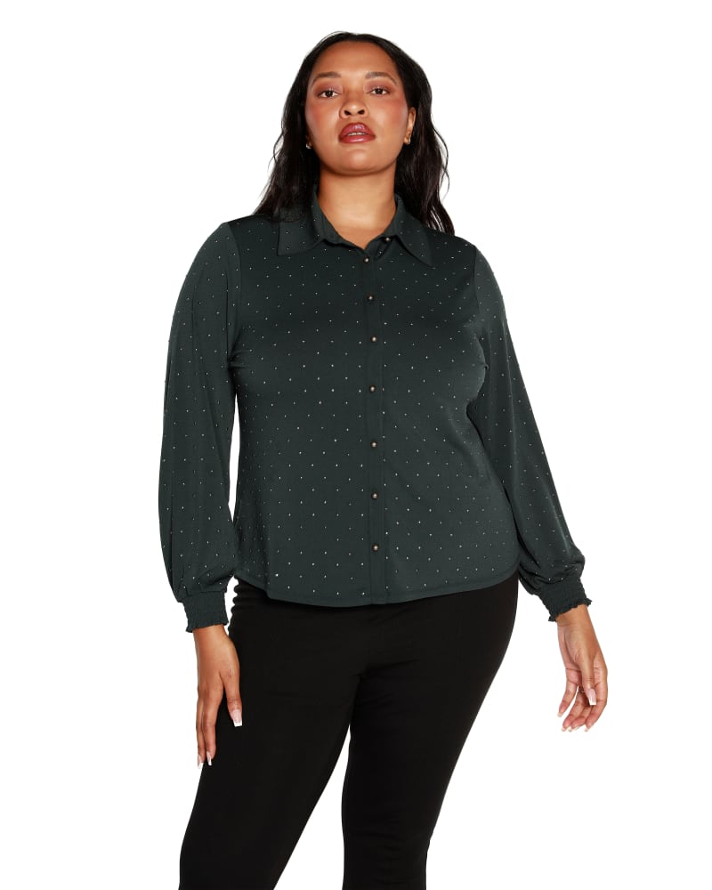 Front of a model wearing a size 3X Plus Size Embellished Button-Front Top in Dark Forest by Belldini Black Label. | dia_product_style_image_id:319113